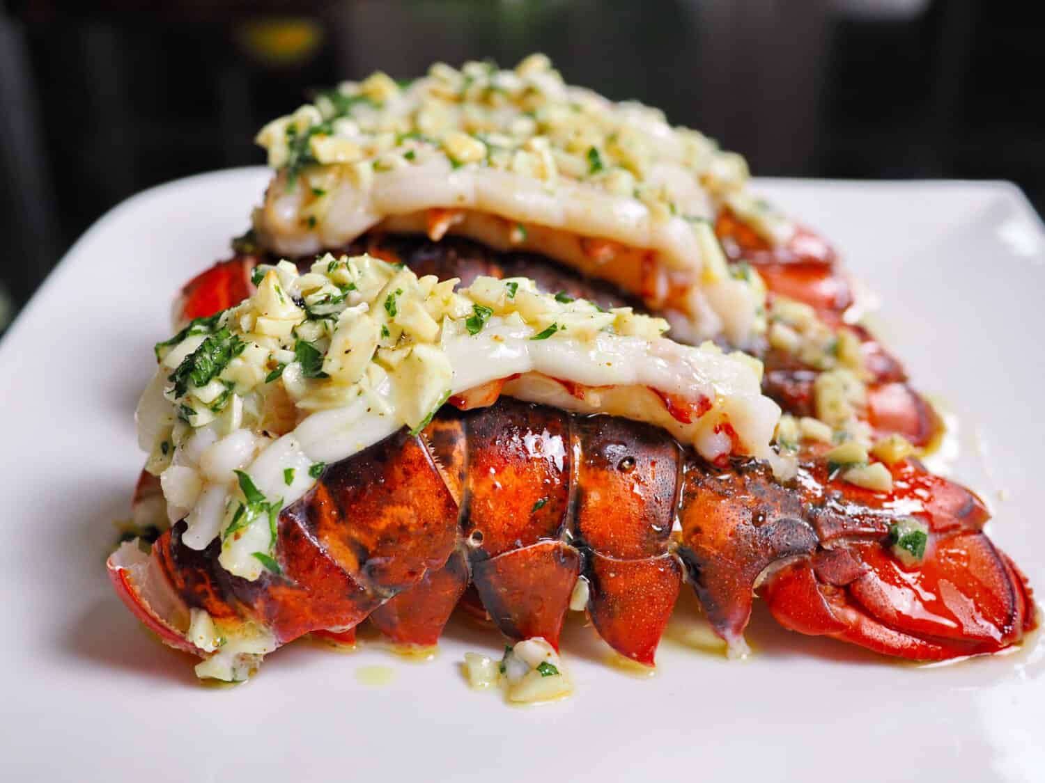 Close up easy homecook meal served several red orange color arranged aligned perfectly cooked garlic butter lobster tails with parley baked or broiled for lunch and dinner at home