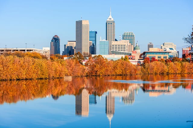 Indianapolis, Indiana, USA skyline on the White River in the afternoon.