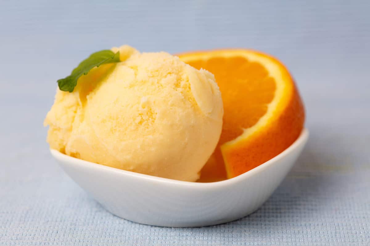 Orange sorbet as a fruit ice cream with a fresh slice of orange as a decoration