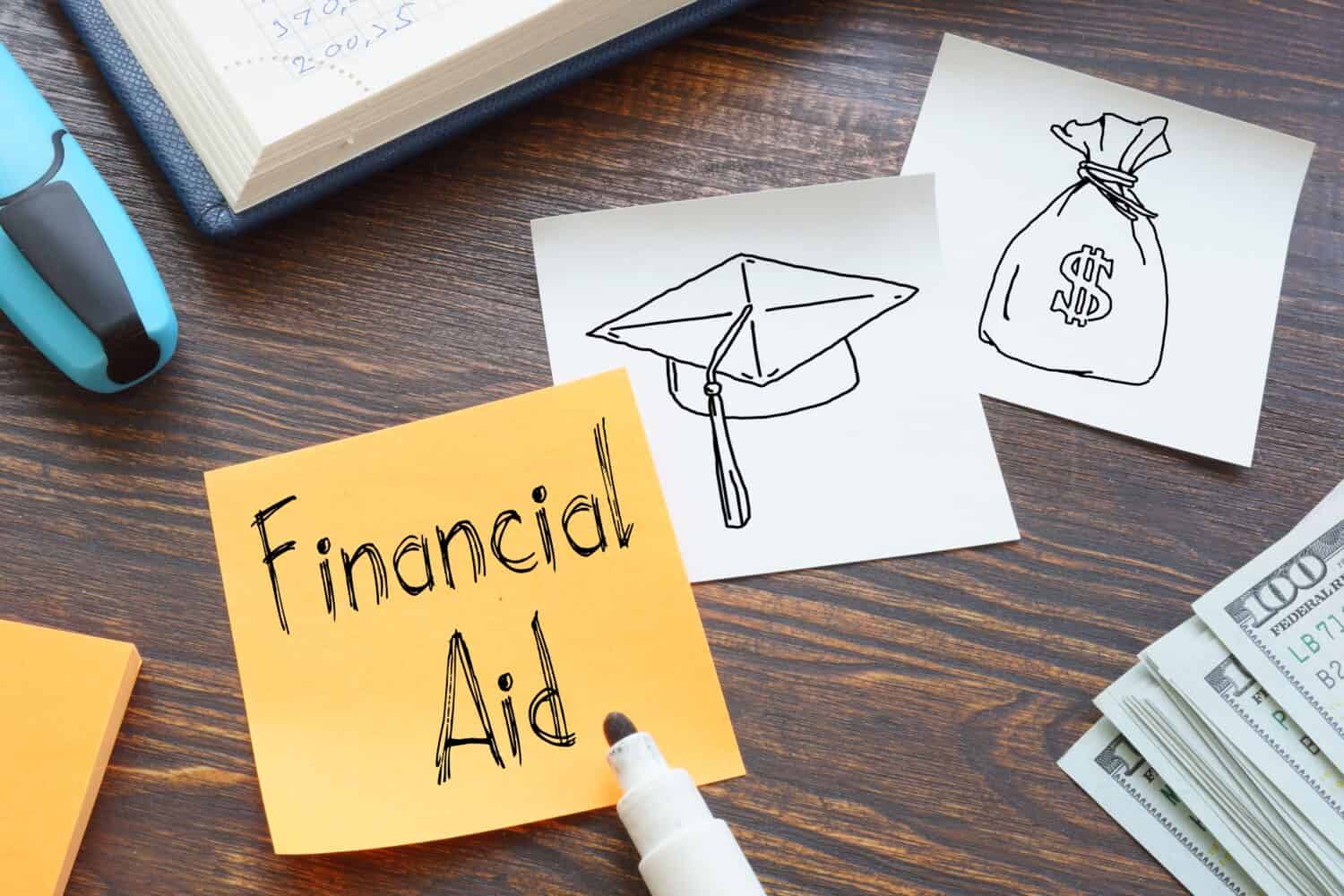 Financial aid is shown on a business photo using the text