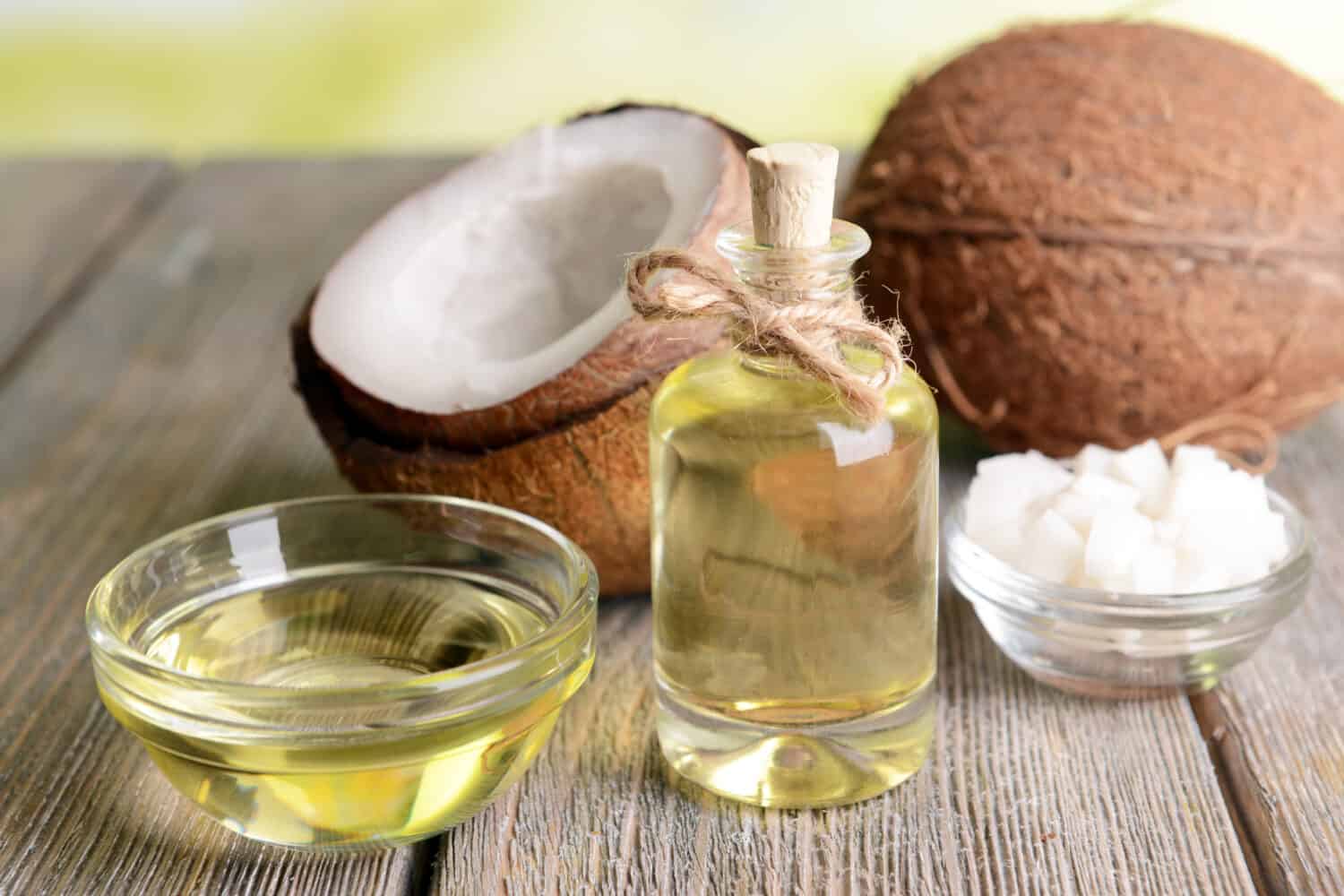 Coconut oil on table close-up