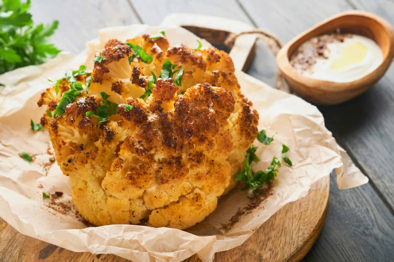 Baked cauliflower. Oven or whole baked cauliflower spices and herbs server on wooden rustic board on old wooden vintage table background. Delicious cauliflower. Eyal Shani dish. Perfect tasty snack.
