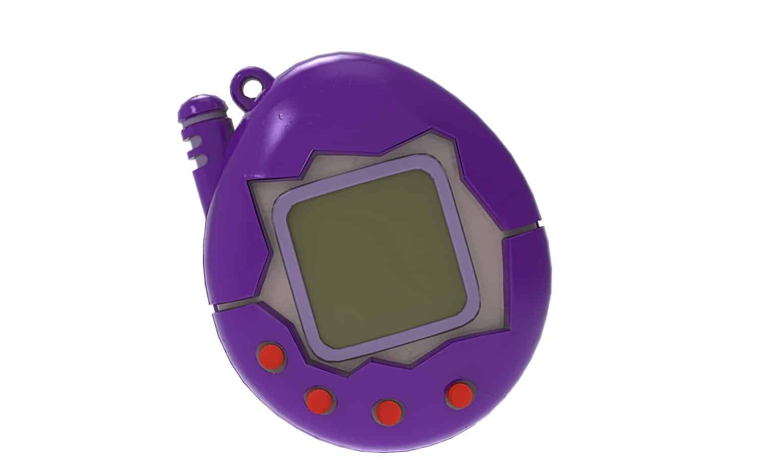 purple tamagotchi with blank screen on white background