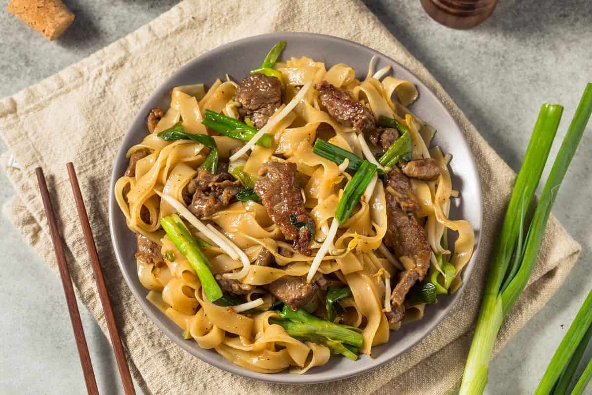 Homemade Beef Chow Fun Asian Noodles with Scallions