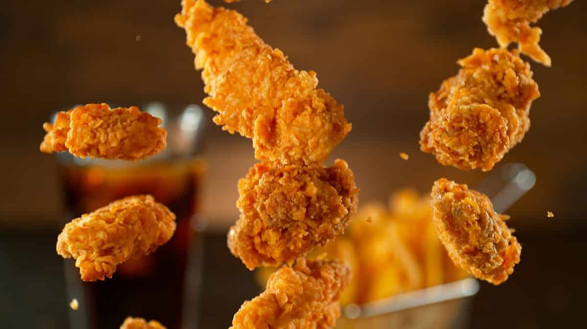 Freeze Motion Shot of Flying Fresh Fried Chicken Wings or Strips, Close-up