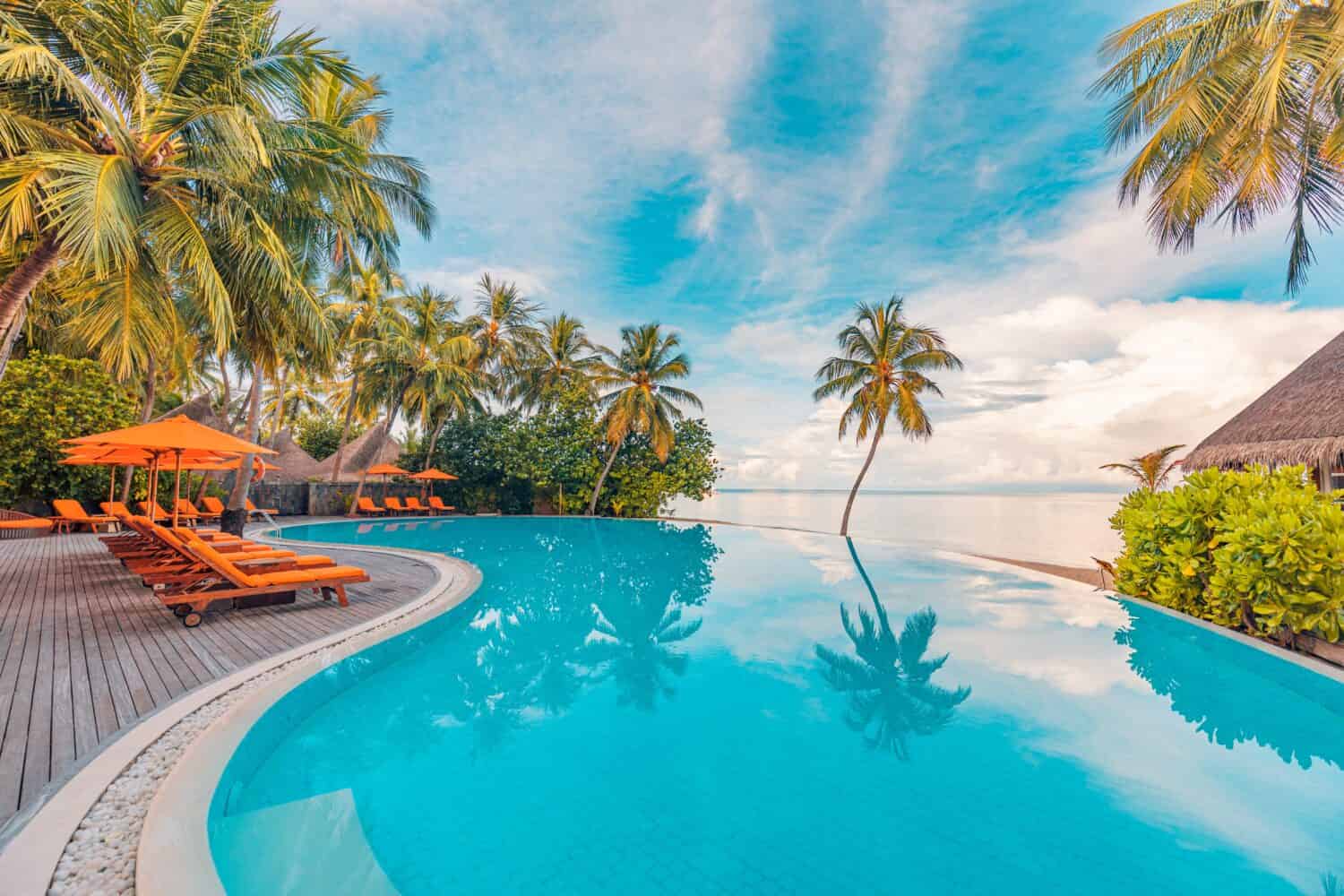 Stunning landscape, swimming pool blue sky with clouds. Tropical resort hotel in Maldives. Fantastic relax and peaceful vibes, chairs, loungers under umbrella and palm leaves. Luxury travel vacation