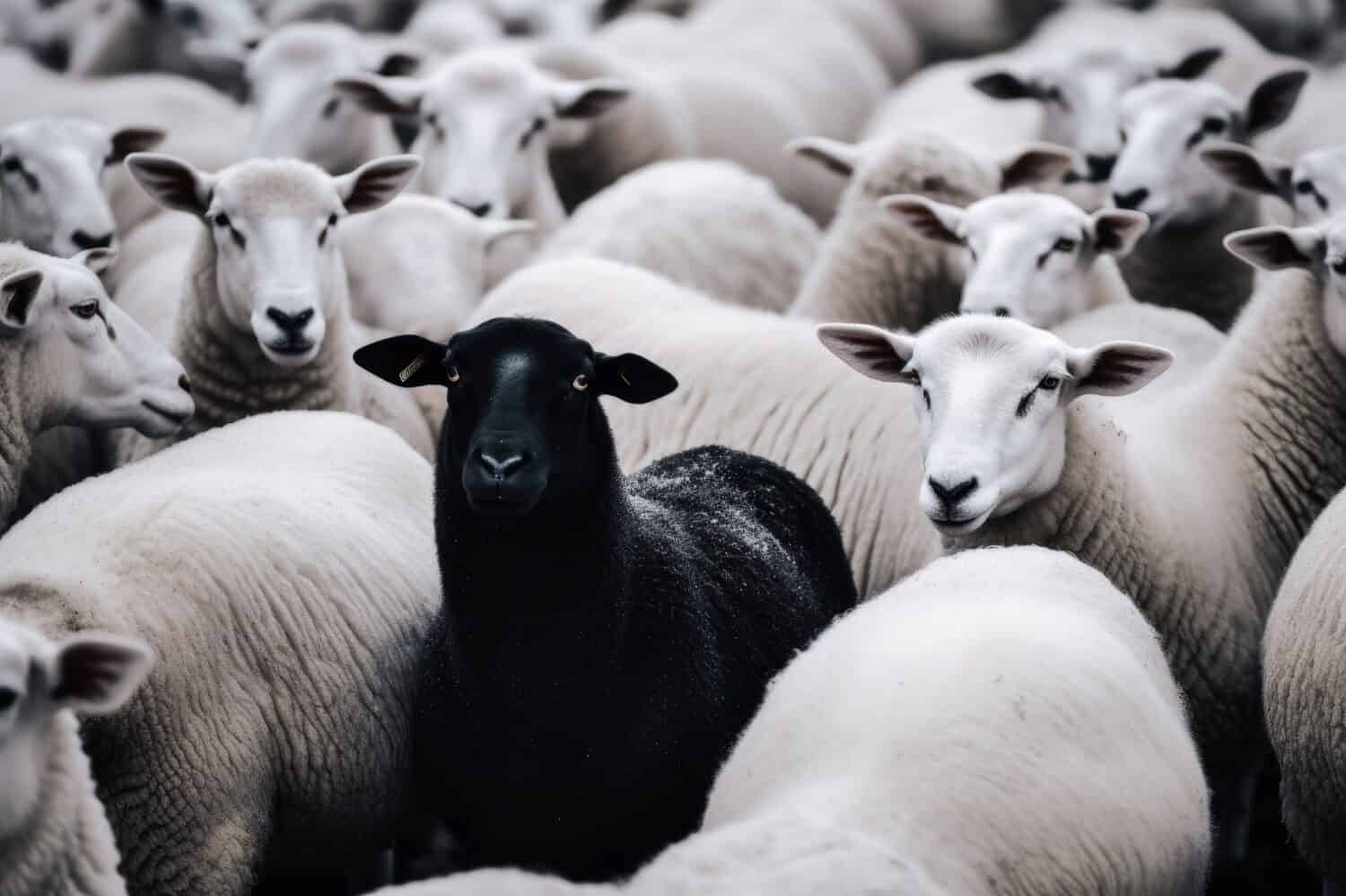 One black sheep in a herd of white sheep