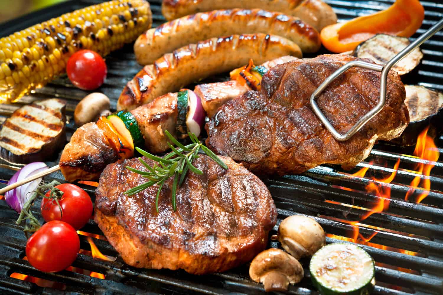 Assorted delicious grilled meat with vegetables over the coals on barbecue