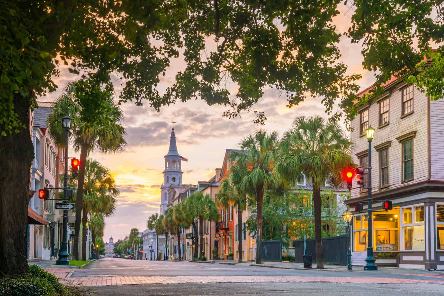 Historical downtown area of Charleston, South Carolina, USA at twilight.