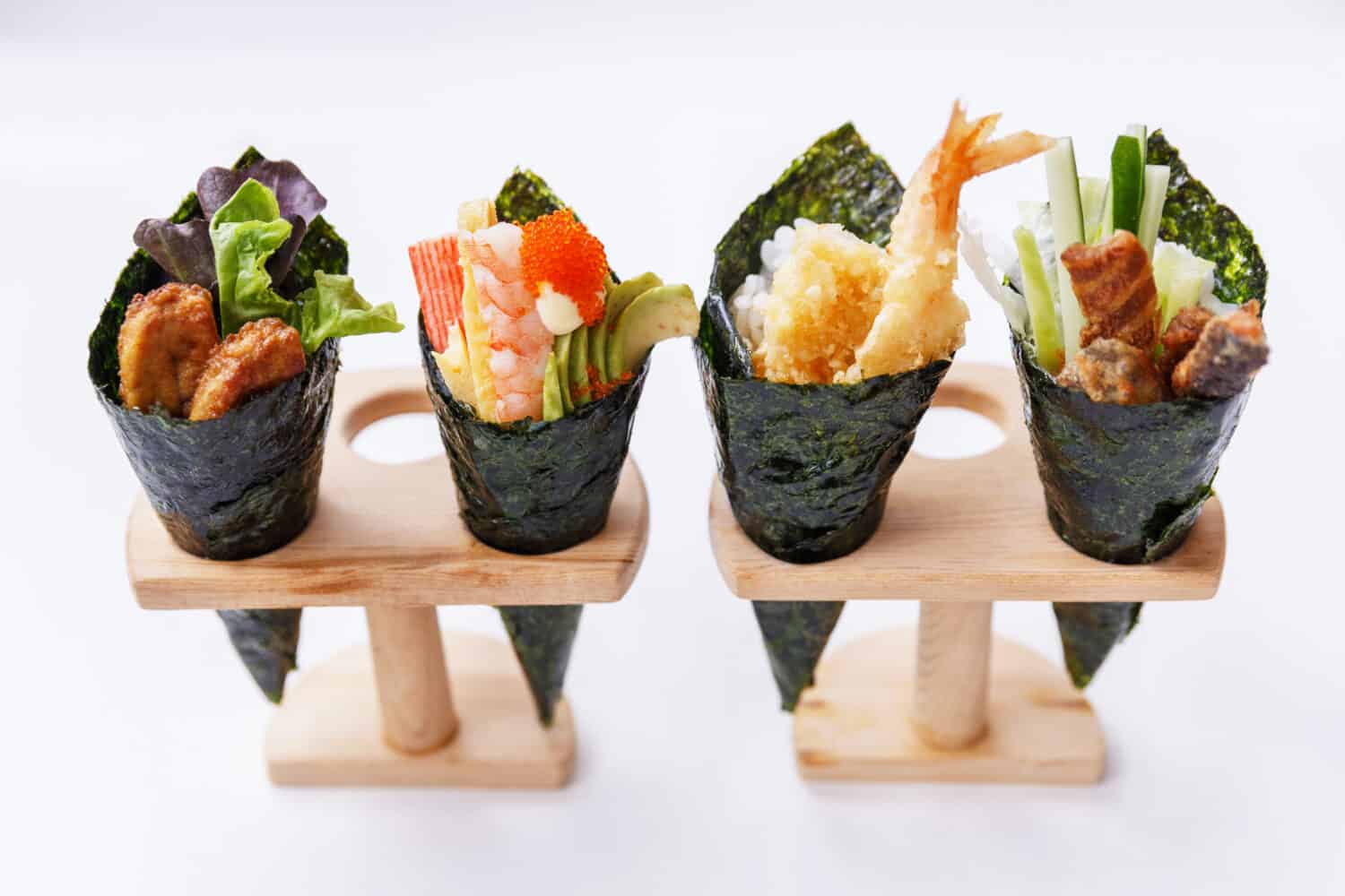 California Hand Roll Sushi Set : Foie Gras, Shrimp with Kani, Tamagoyaki, Avocado and Tobiko. Another is Shrimp Tempura and Crispy Tuna Skin with Sliced Cucumber.