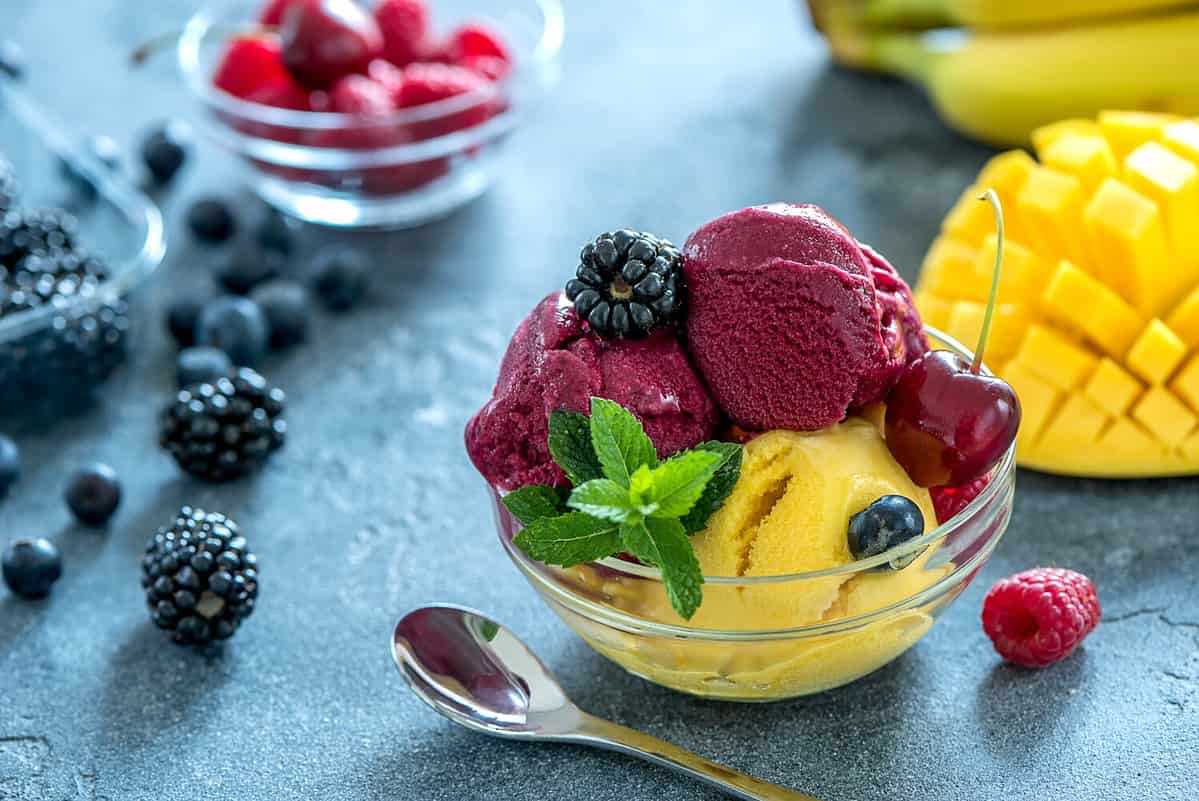 Ice cream, fruits and berries sorbet, summer dessert, sweet snack