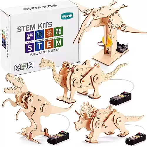 Dinosaur STEM Kits for Kids Ages 6-8-10-12, 4 in 1 Stem Projects, Wood Building Toys for Boys Age 8-12, Build It Yourself Woodworking Kit, DIY 3D Wooden Puzzles Model Robot Kit, Craft Kits for Girls