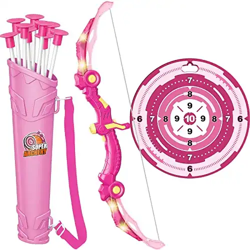Bow and Arrow Toys with LED Light Up Archery, Birthday Gift for Girls 5 6 7 8 9 10 11 12 Year Old, Christmas Indoor Outdoor Activity Toy for Kids Girls Ages 6-8, 10 Suction Cup Arrows, Target, Quiver