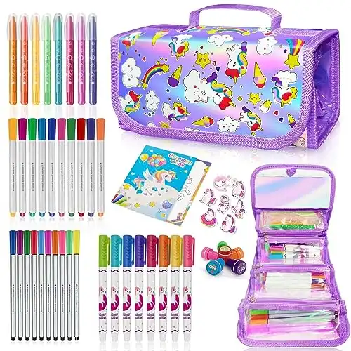 Unicorn Pencil Case Kids Art Set With Fruit Scented Markers, Unicorn Gifts  For Girls, Art Supplies For Kids, Birthday Gifts For Little Girls Age 3 4 5