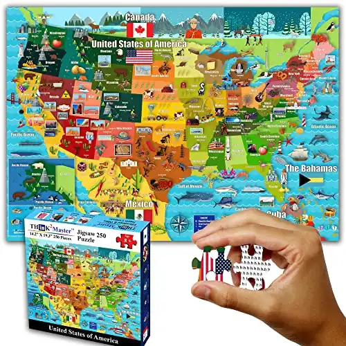 Think2Master United States Map 250 Pieces Jigsaw Puzzle Fun Educational Toy for Kids, School & Families. Great Gift for Boys & Girls Ages 8+ to Stimulate Learning of USA. Size: 14.2” X 19.3�...