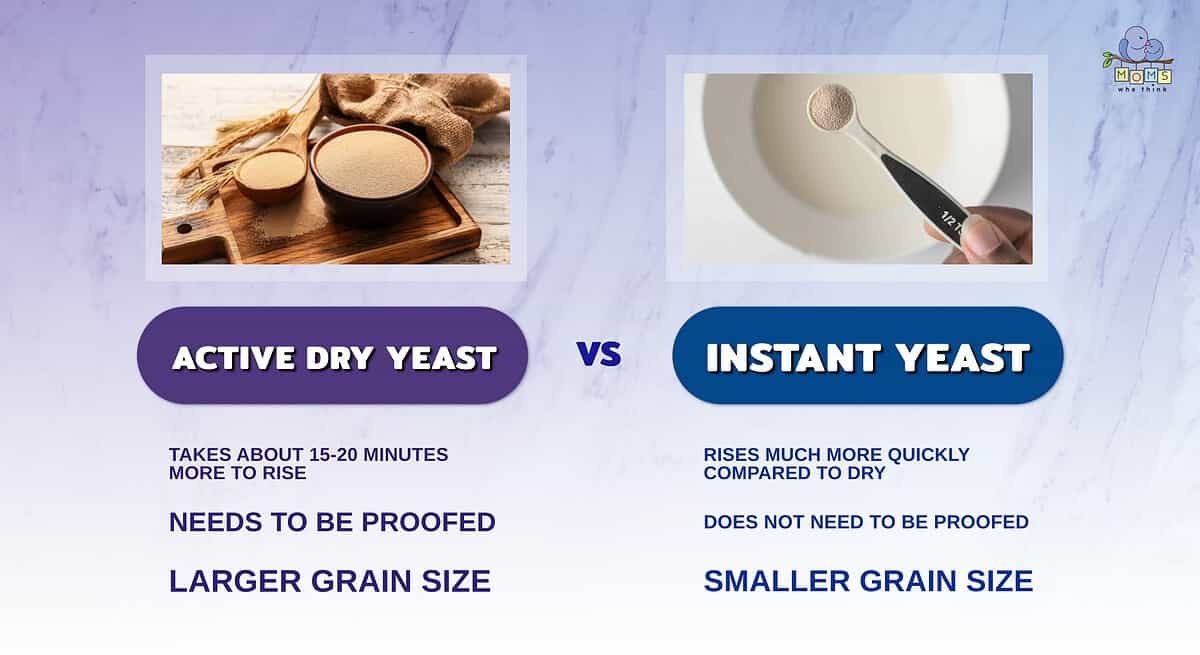 Infographic comparing active dry yeast and instant yeast.