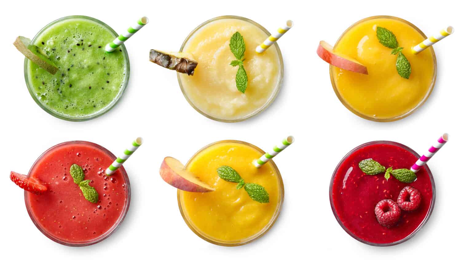 Set of various fresh fruit smoothies isolated on white background. Top view