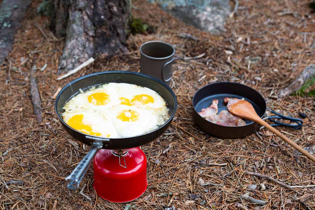 Breakfast, bacon and fried egg on a titanium plate. Tourism in the summer forest. Camping concept.