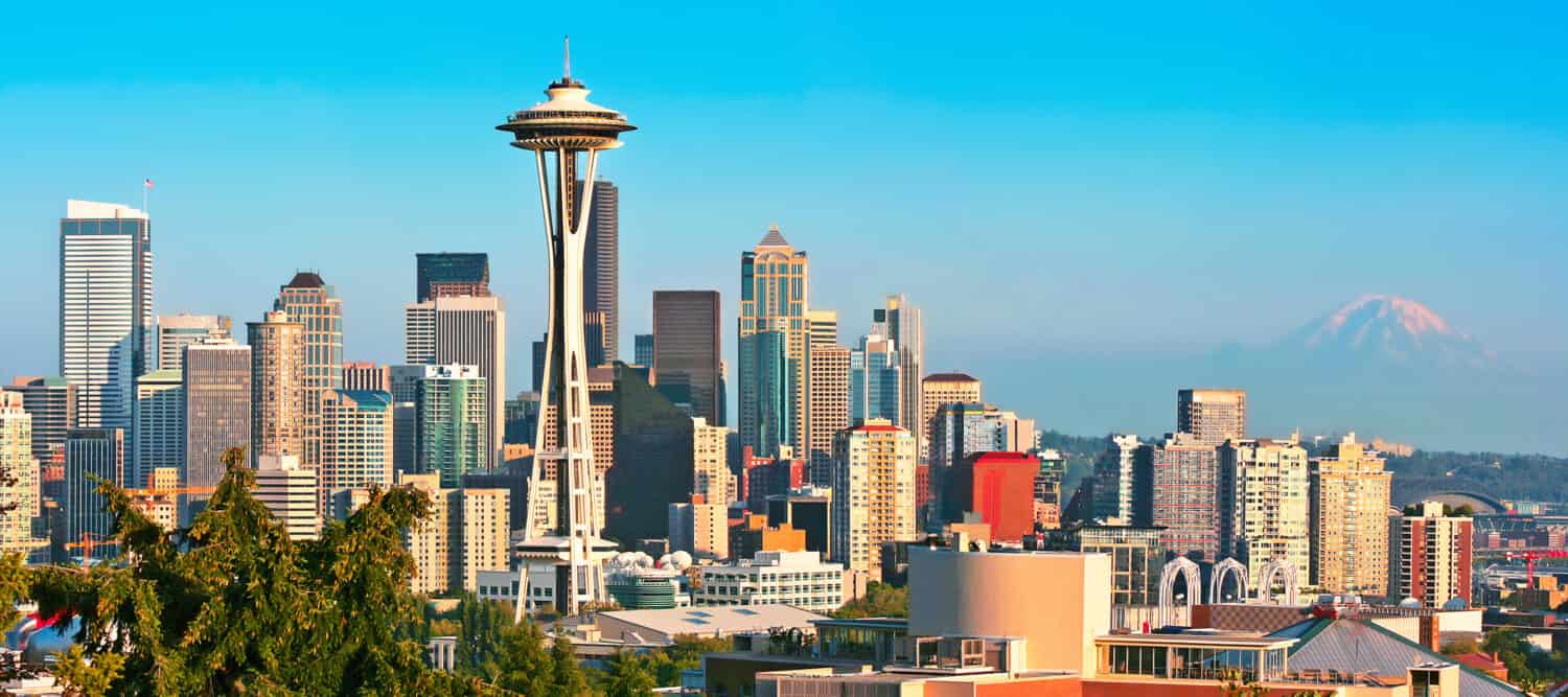 Seattle skyline panorama at sunset as seen from Kerry Park, Seattle, WA