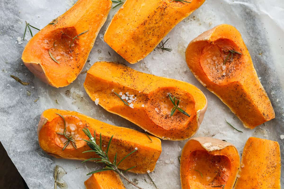 Roasted butternut squashed with infused rosemary oil