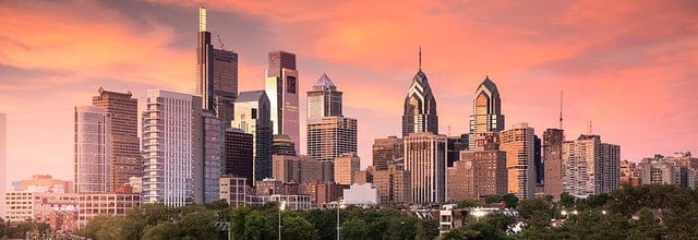 Downtown city skyline panoramic view of Philadelphia Pennsylvania USA over the Schuylkill River and boardwalk