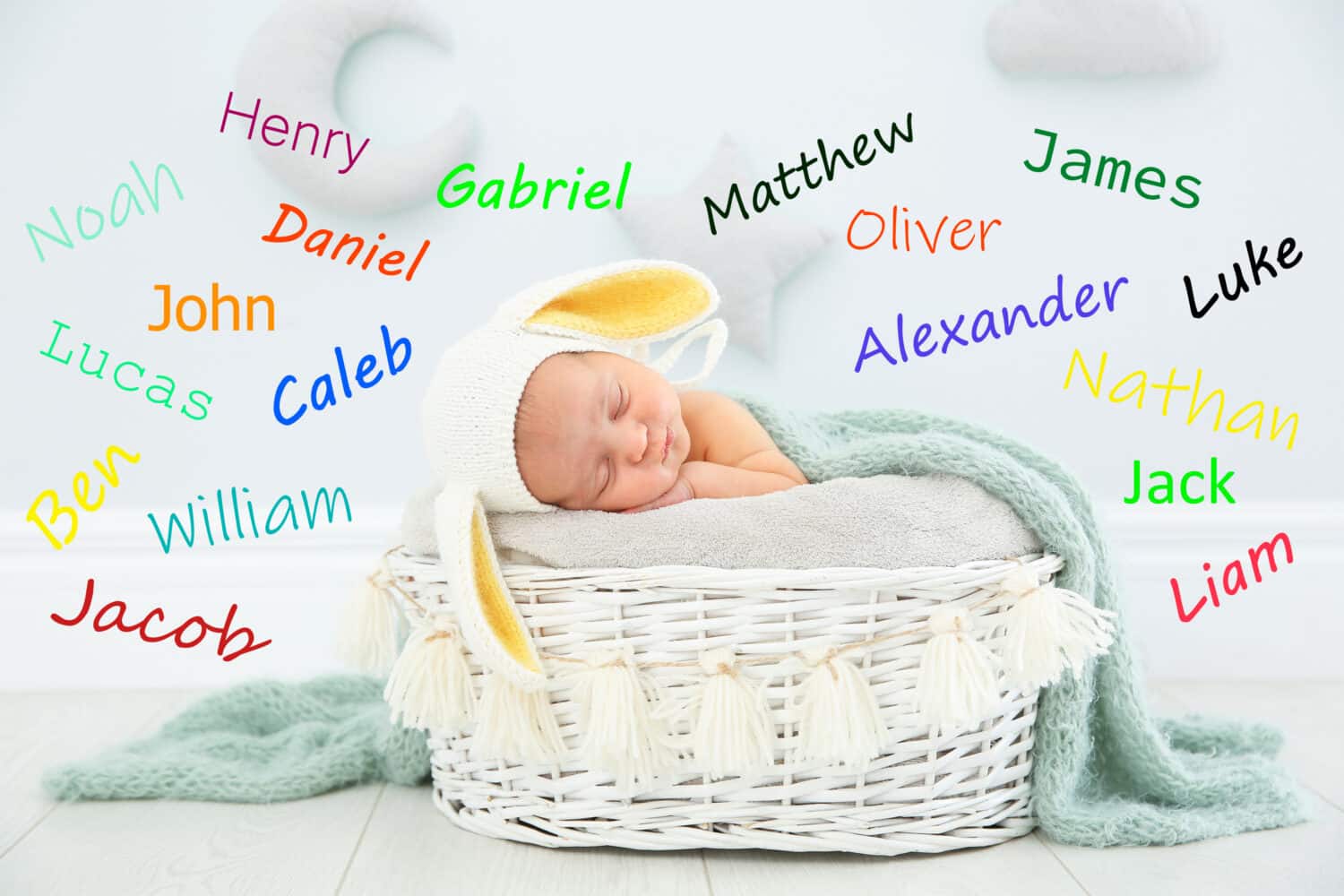 Choosing name for baby boy. Adorable newborn sleeping