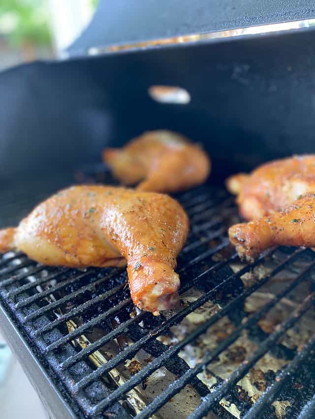 Delicious smoked chicken quarters on a Traeger smoker