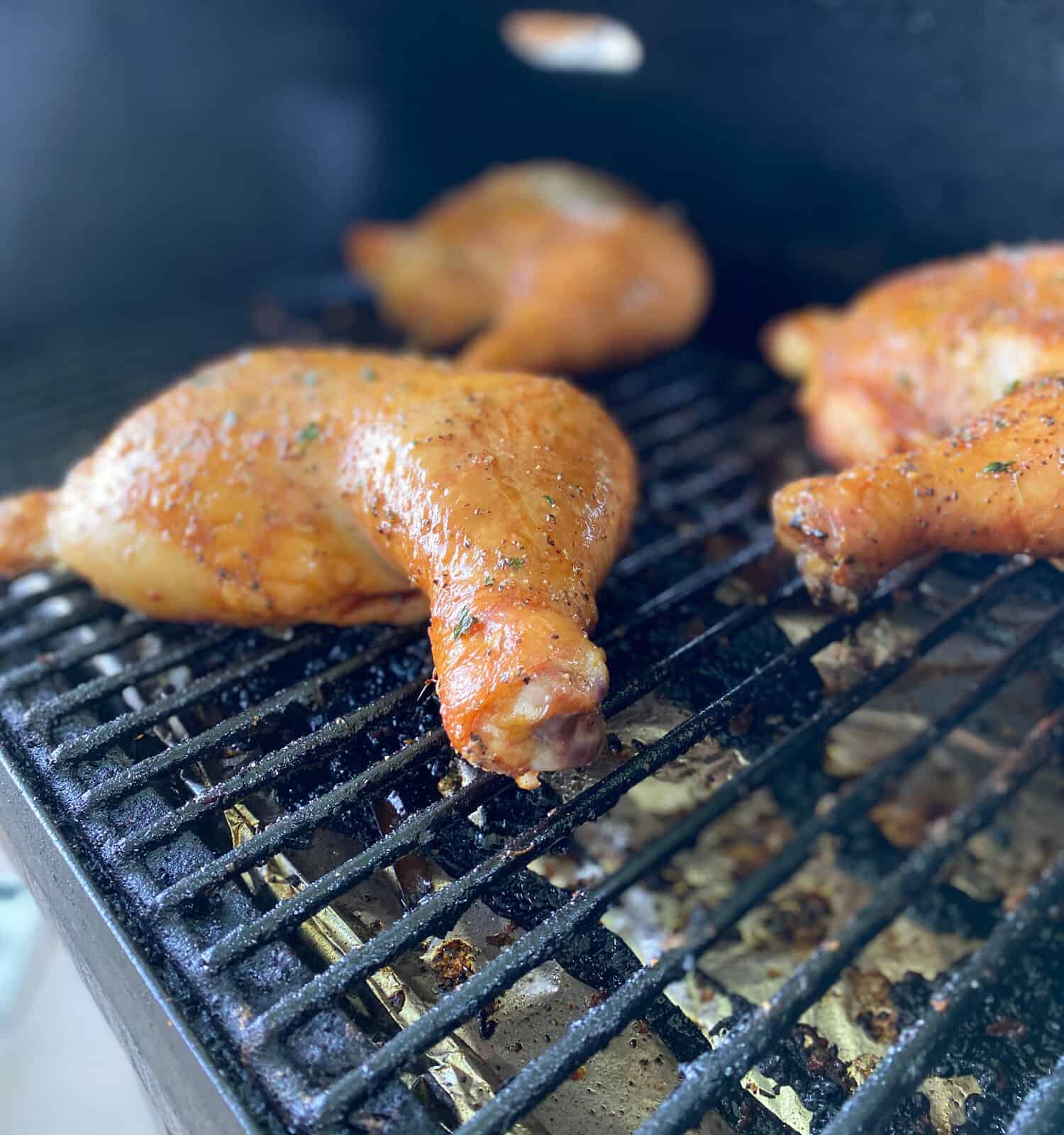 Delicious smoked chicken quarters on a Traeger smoker