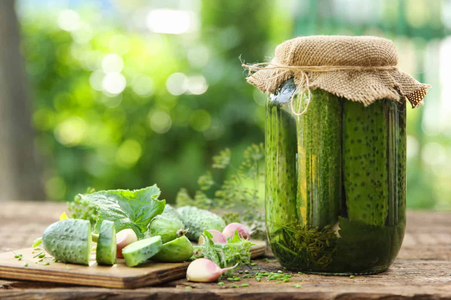 Preservations, conservation. Salted, pickled cucumbers in a jar on an old wooden table in the garden. Summer, sunny day. Cucumbers, herbs, dill, garlic. Rustic. Background image, copy space,horizontal