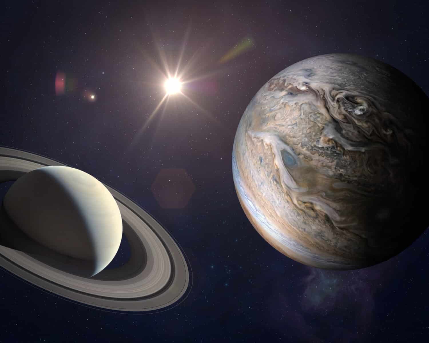 Great Conjunction: Jupiter and Saturn Meet on Solstice. Rare Jupiter-Saturn Conjunction. Elements of this image furnished by NASA.