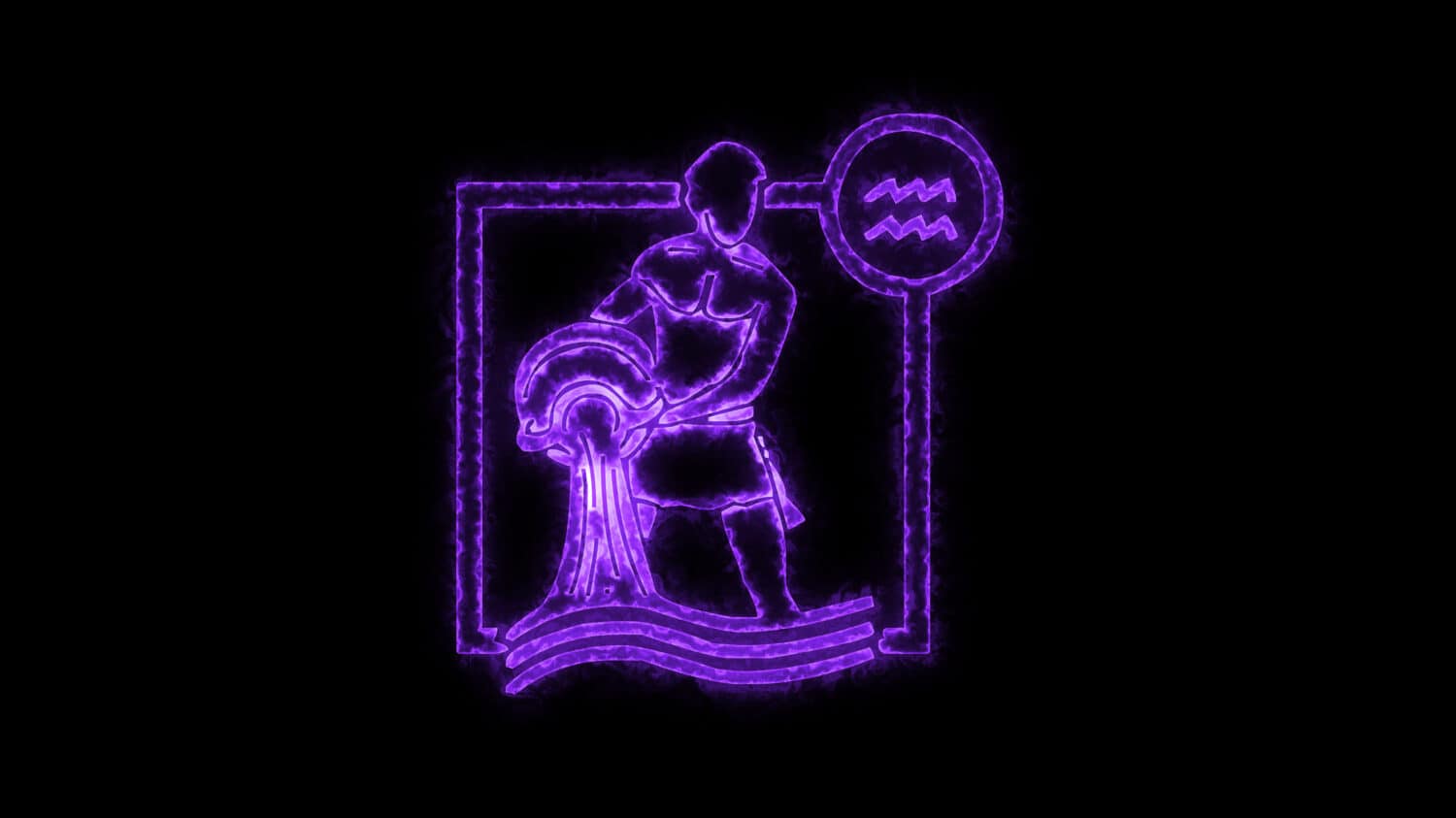 The Aquarius zodiac symbol, horoscope sign lighting effect purple neon glow. Royalty high-quality free stock of Aquarius sign isolated on black background. Horoscope, astrology icons with simple style