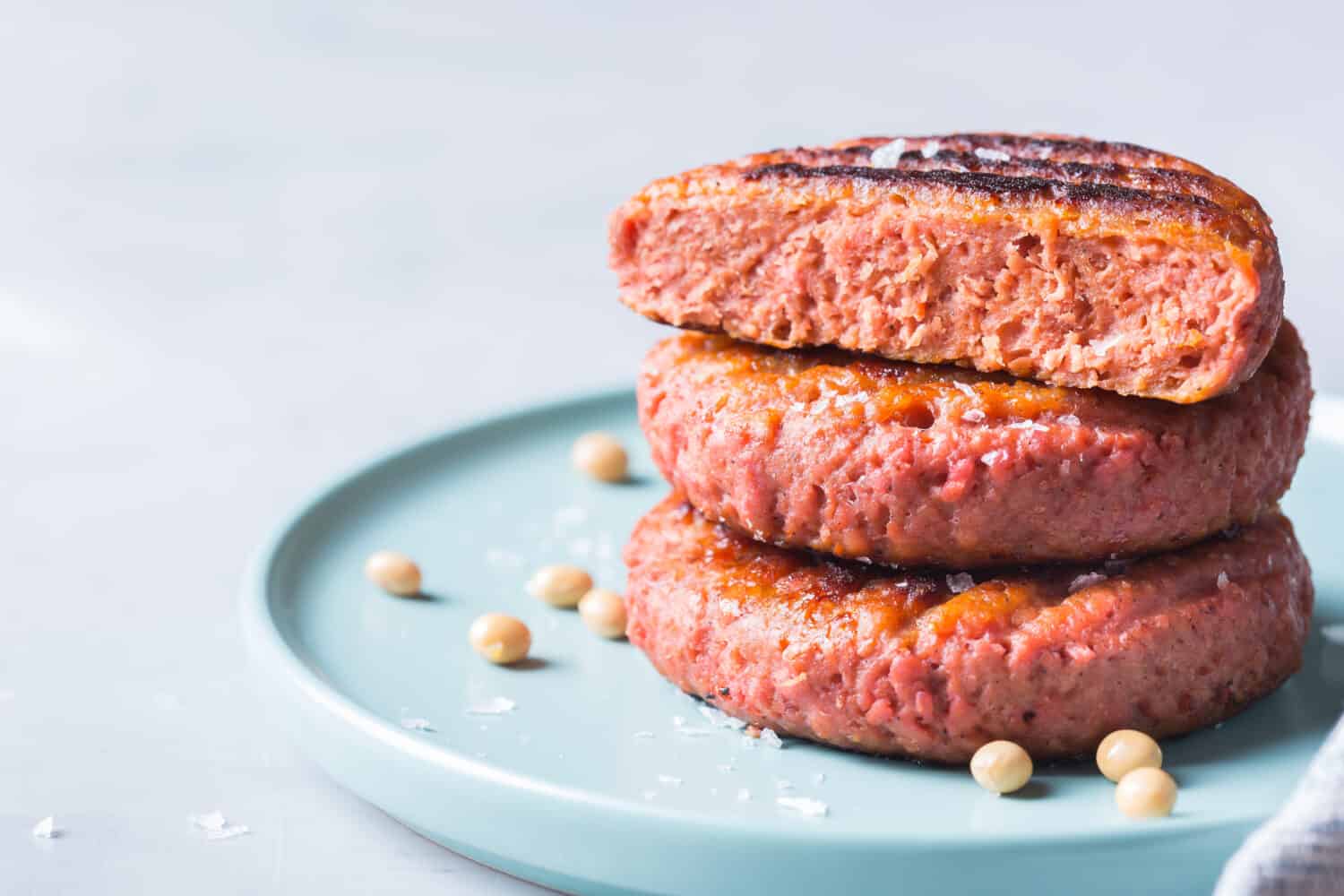 Burgers made from plant based meat, food reducing carbon footprint