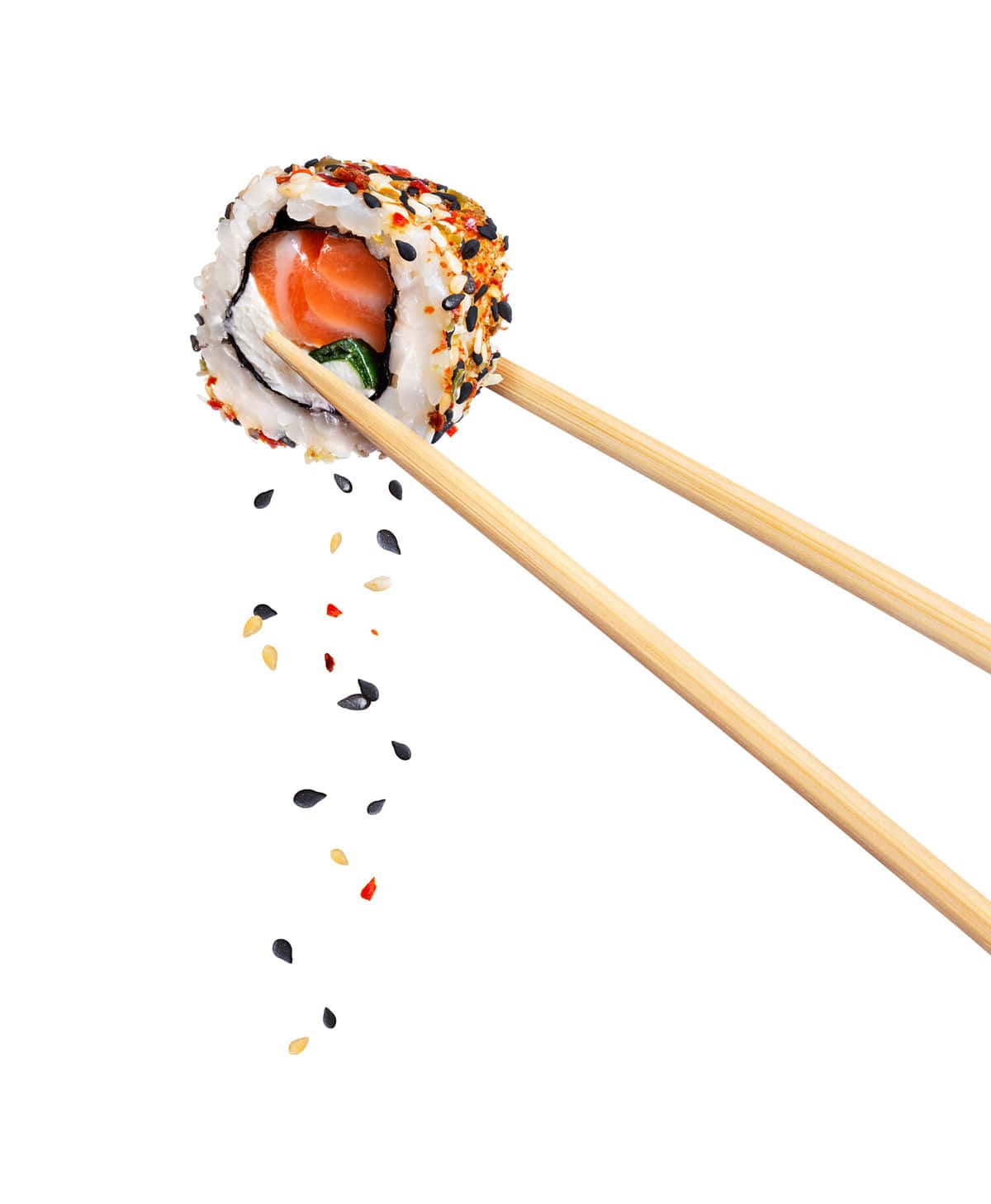 Fresh traditional japanese sushi with salmon and sesame between chopsticks, isolated on white background