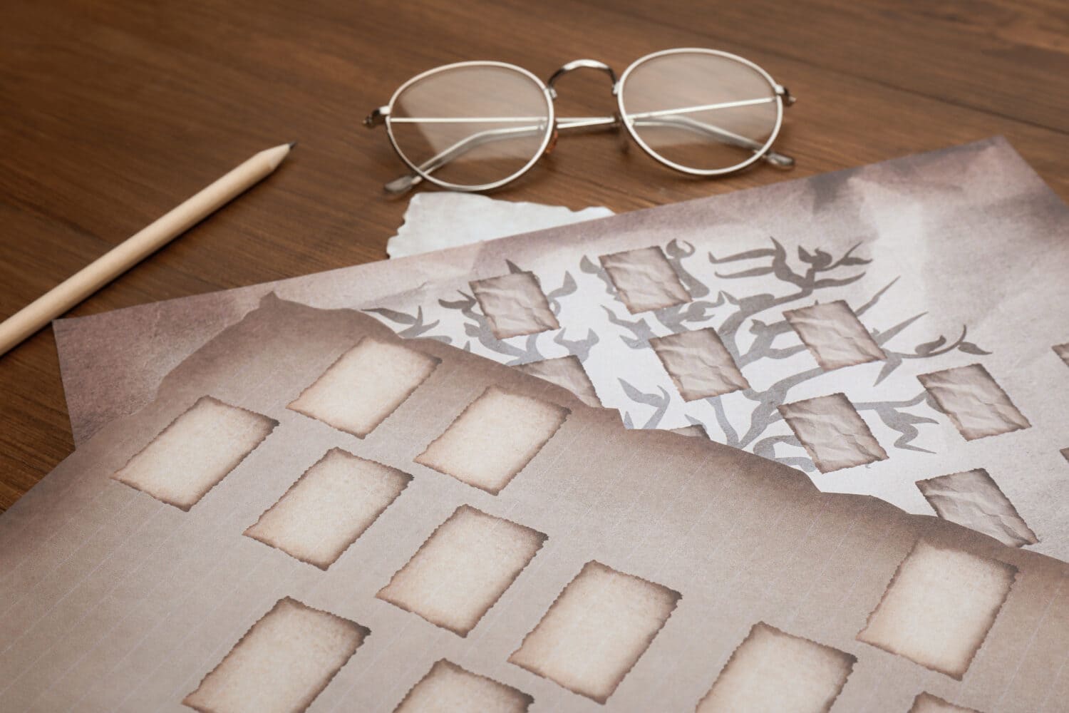 Papers with family tree templates, pencil and glasses on wooden table, closeup