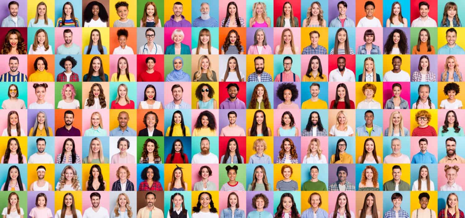 Collage of large group of smiling people composite portrait image gathered together reaching out each other 4g 5g connection contacting multiracial society