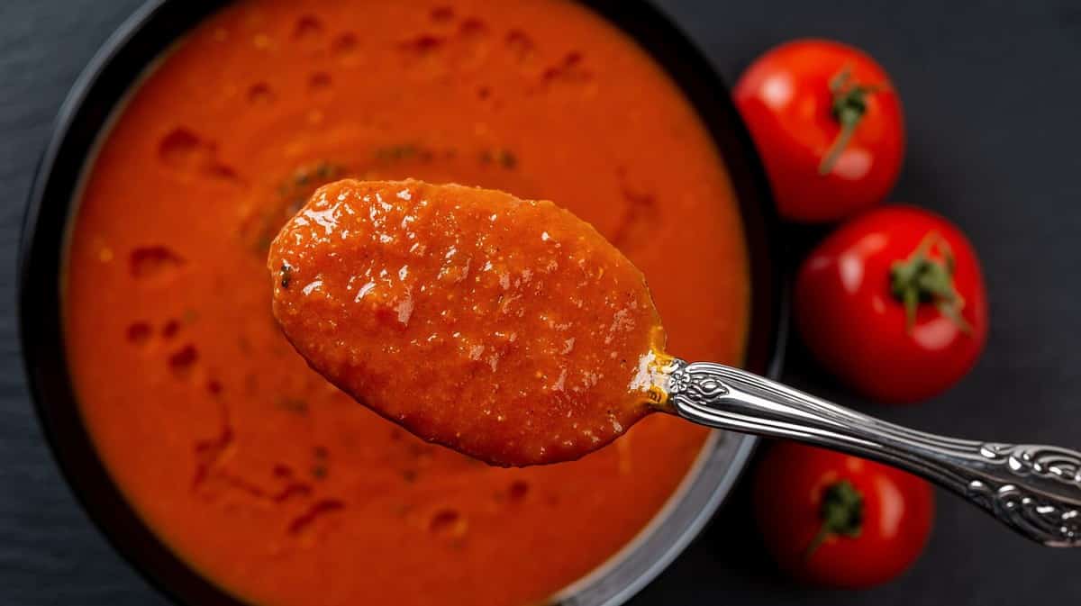 Spoon of hot tomato soup over bowl closeup. Eating vegetable dish of pureed roasted tomatoes, garlic and basil. Healthy vegetarian dish. Mediterranean cuisine. Focus on spoon. Top view.