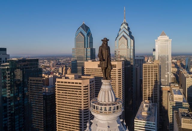 Statue of William Penn. Philadelphia City Hall. William Penn is a bronze statue by Alexander Milne Calder of William Penn. It is located atop the Philadelphia City Hall in Philadelphia, Pennsylvania.