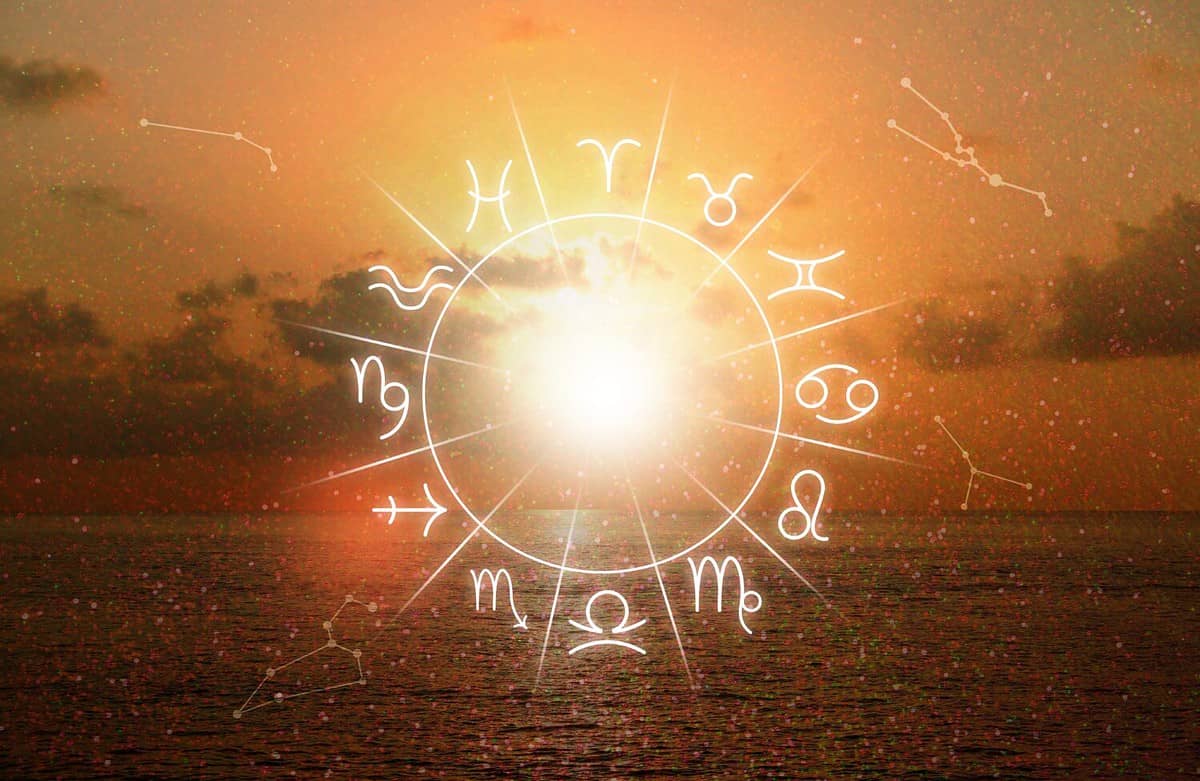 Zodiac wheel with 12 astrological signs and seascape on background