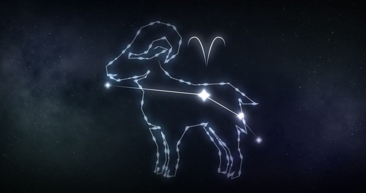 Image of aries sign with stars on black background. Zodiac signs, stars and horoscop concept digitally generated image.
