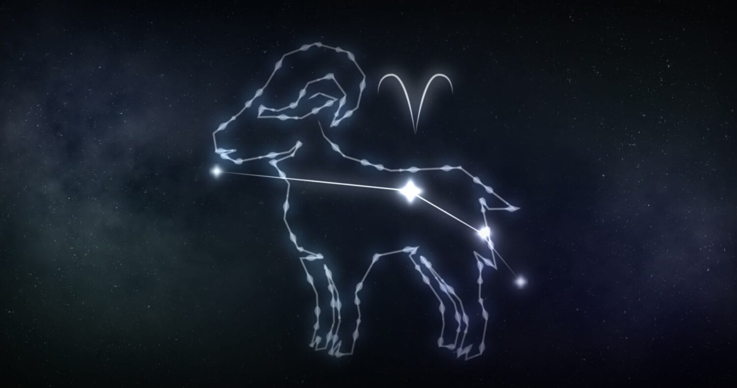 Image of aries sign with stars on black background. Zodiac signs, stars and horoscop concept digitally generated image.