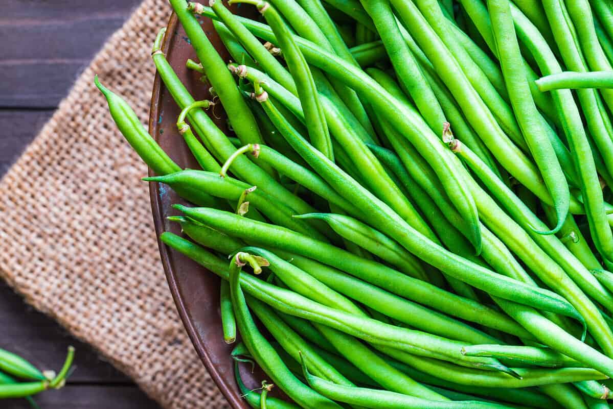 A close up of fresh green beans close viewed from the top.