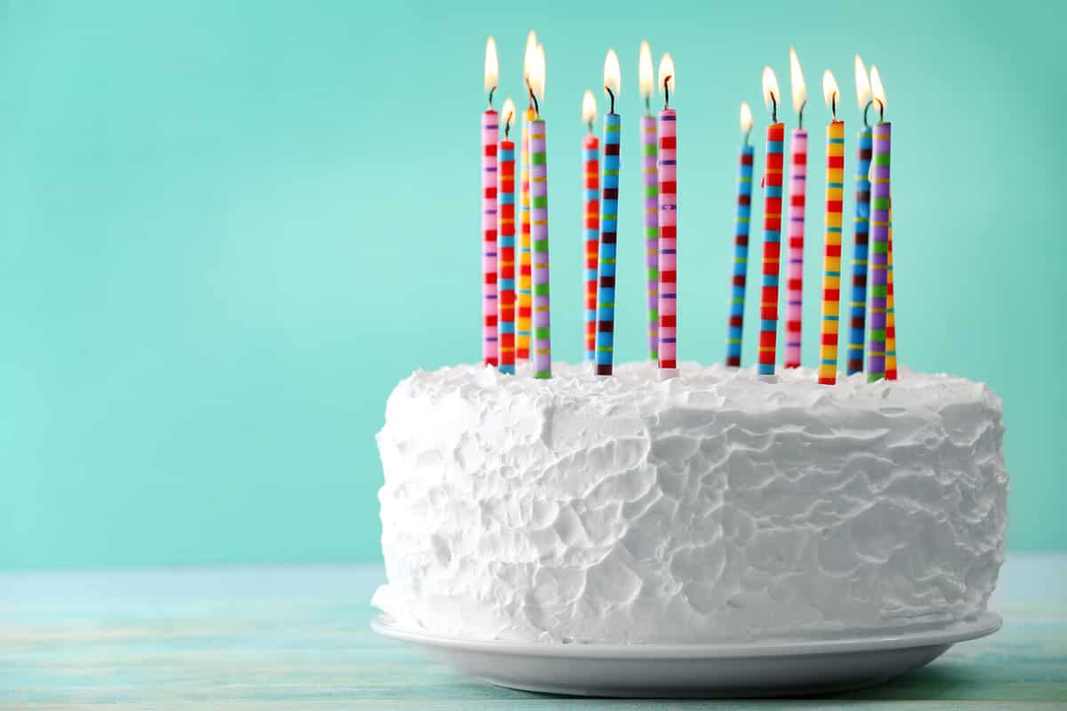 Birthday cake with candles on color background