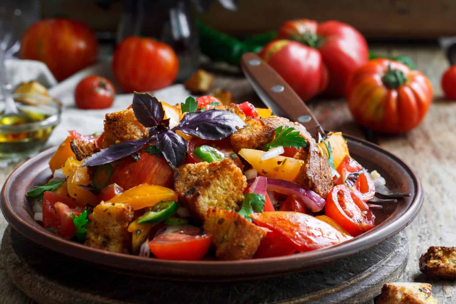 Panzanella, traditional Italian salad with tomatoes and bread