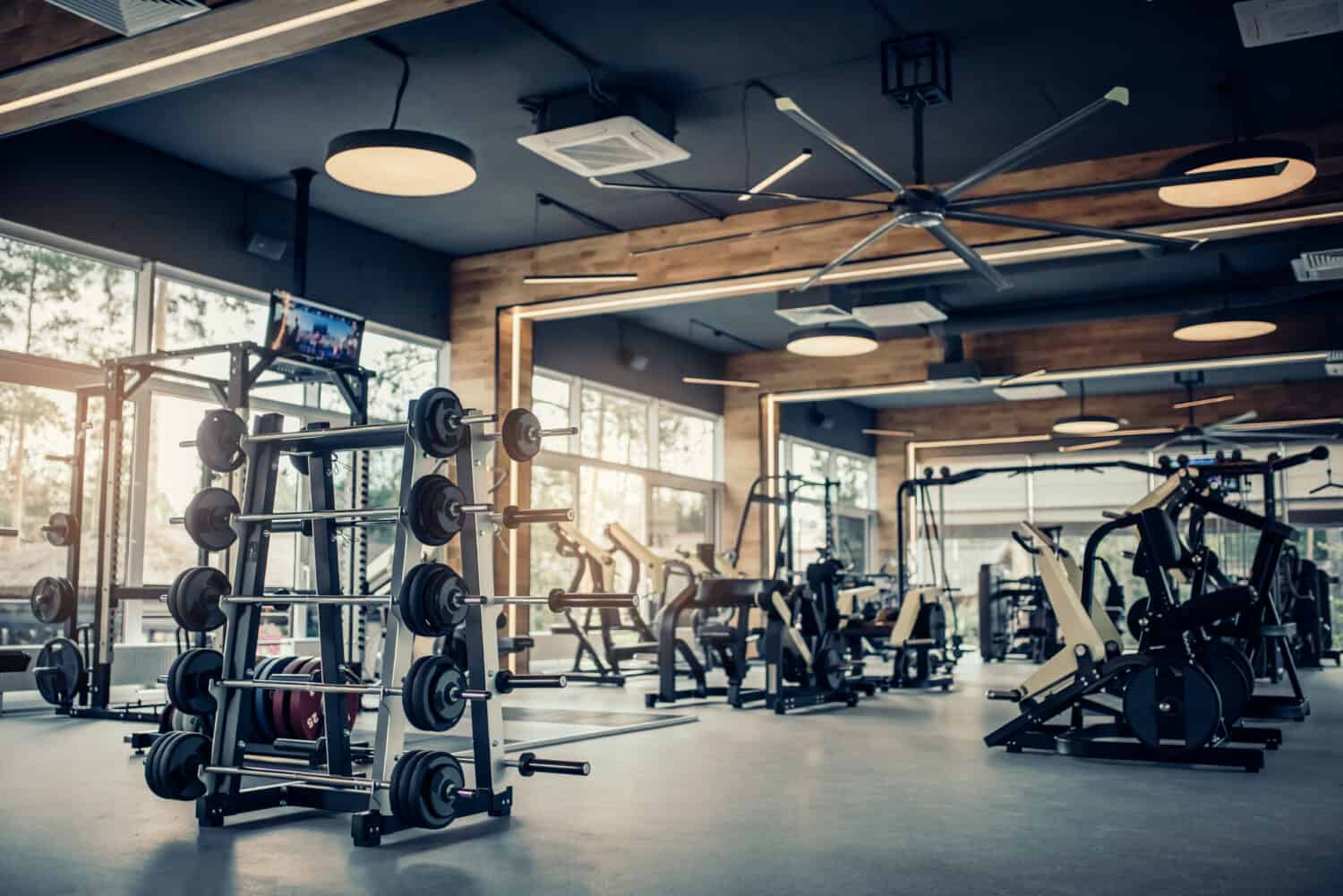 Modern light gym. Sports equipment in gym. Barbells of different weight on rack.