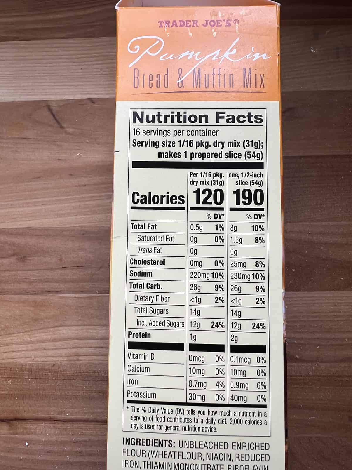 Trader Joe's Pumpkin Bread nutritional information