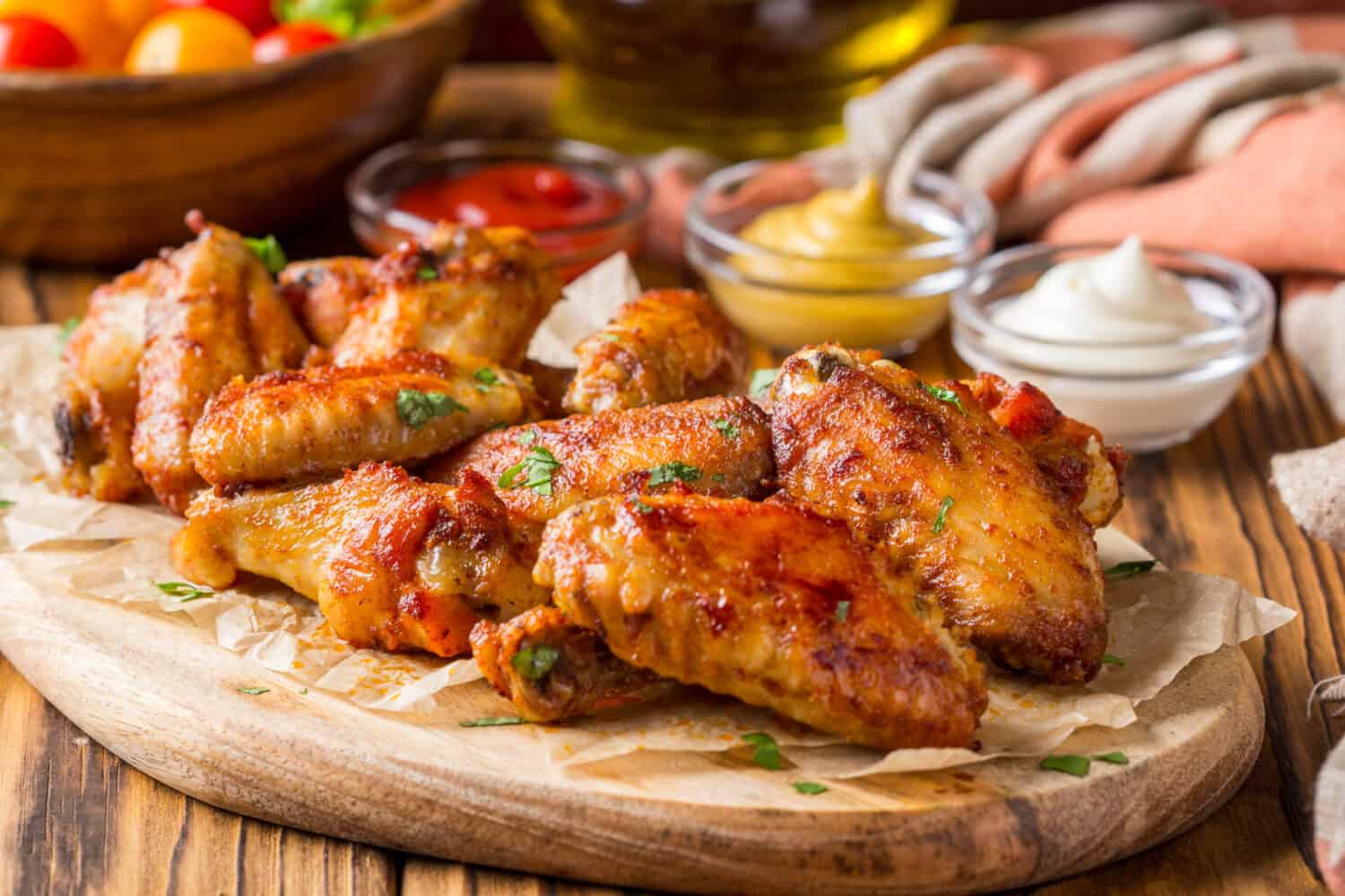 Grilled chicken wings with ketchup and mustard sauces on a wooden board. Traditional baked bbq buffalo