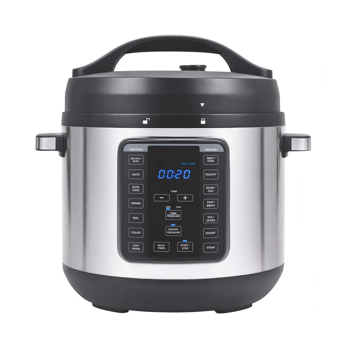 Electric Pressure Cooker Isolated on White. Front View of Modern Stainless Steel 8-in-1 Multi-Use Express Crock Programmable Slow Multi Cooker. Saute and Steamer. Domestic and Kitchen Appliances