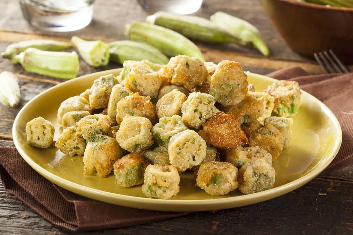 Organic Homemade Fried Green Okra against a Background