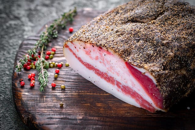 Guanciale dried speck а ham, Italian cured meat product