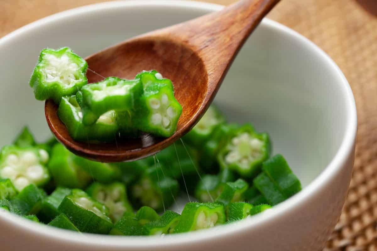 Close up of boiled and cut okra